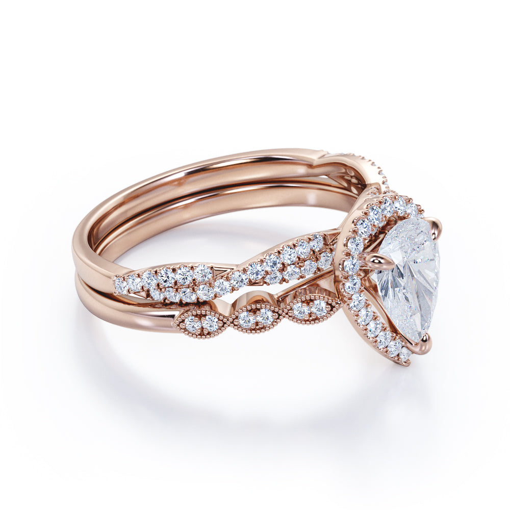 Milgrain Edge 1.60 carat pear shaped moissanite and diamond vintage infinity ring set in White gold- wedding ring set