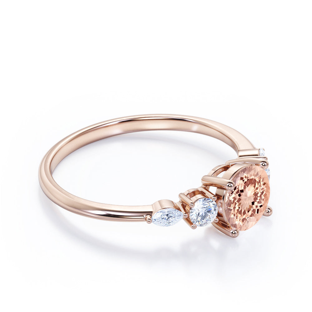 Traditional 1.1 carat Round cut Morganite and diamond five stone engagement ring in White gold