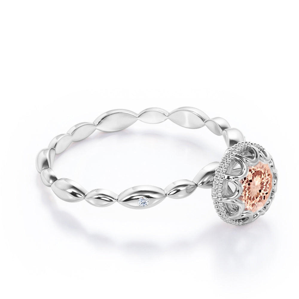 Floral Halo 1 carat Round cut Morganite and diamond scalloped Milgrain engagement ring in Black gold