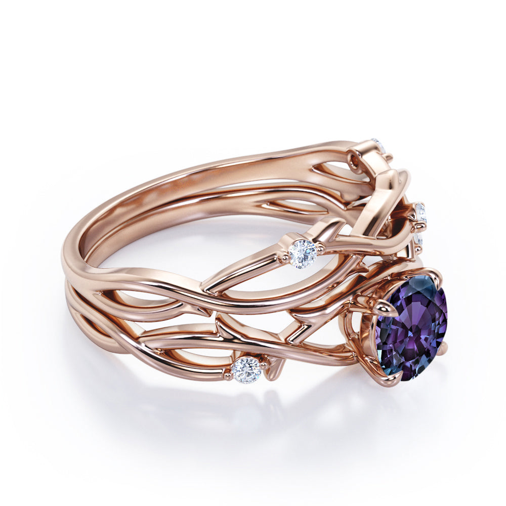 Twig Branch Bands 1.1 carat Round cut Synthetic Alexandrite and diamond art deco wedding ring set in Black gold