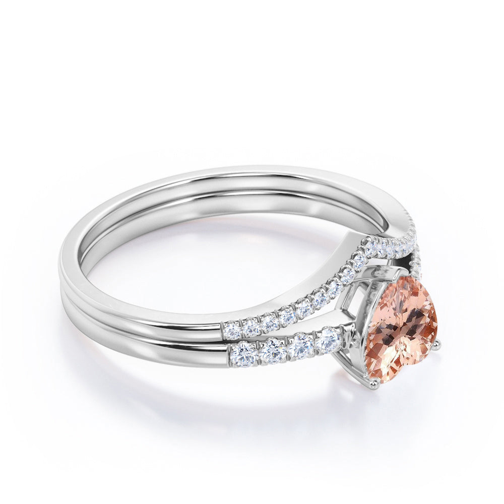 Exquisite Chevron 1.45 carat Heart shaped Morganite and diamond vintage wedding ring set in Black gold