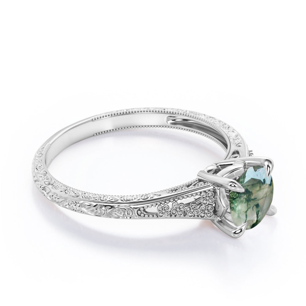 Milgrain Split Shank 1 carat Round cut Moss Green Agate-floral filigree-nature inspired engagement ring in Rose gold