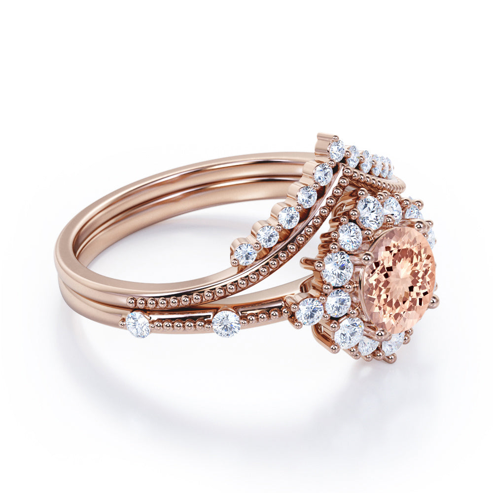 Contoured setting 1.65 carat Round cut Morganite and diamond Snowflake Milgrain Bridal set in Black gold