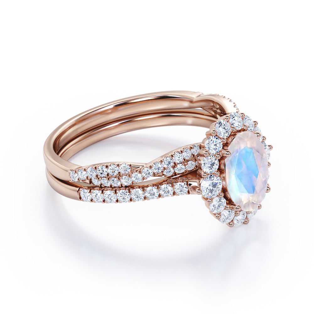 Cluster Halo 1.75 carat Oval cut Moonstone and Diamond Vintage Bridal set for women