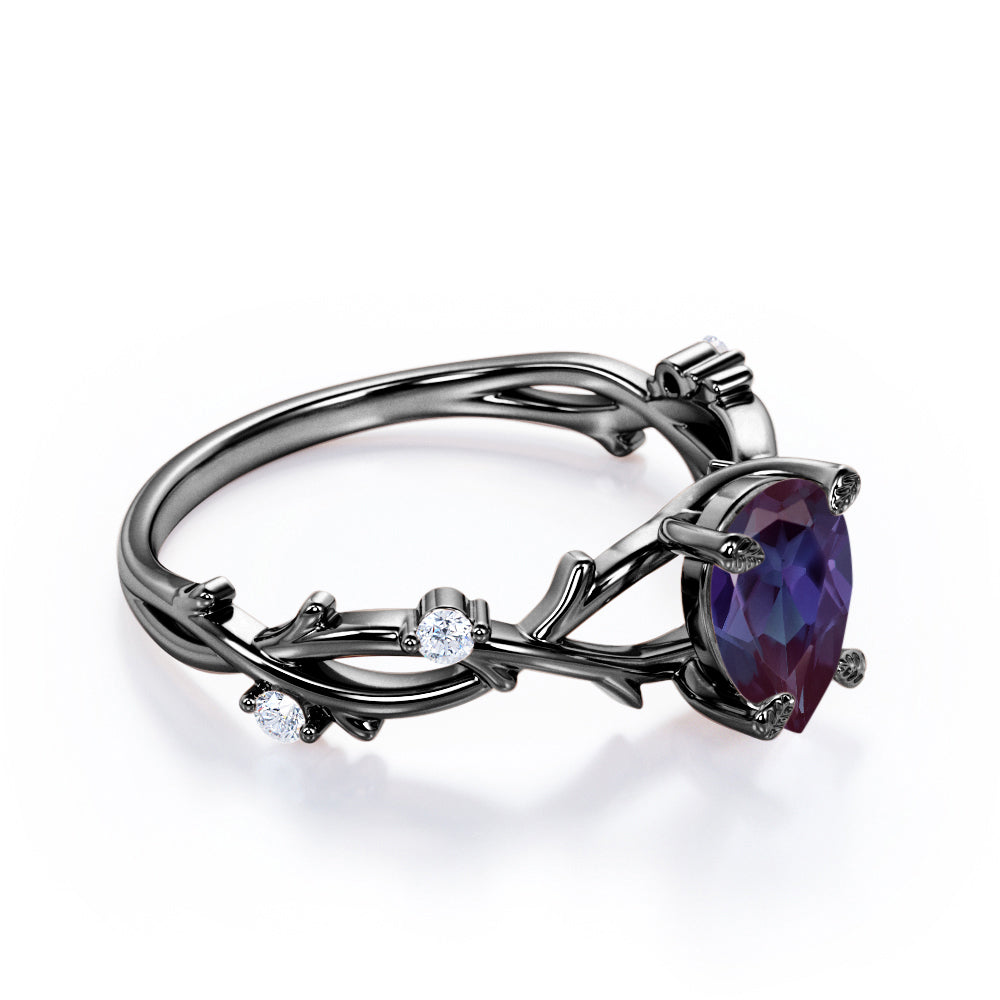 Modern Floral Branches 1 carat Pear shaped Alexandrite and diamond engagement ring for women in Black gold