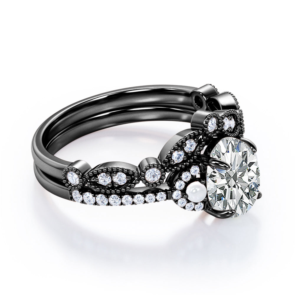 Artistic art deco inspired 1.5 carat Oval shaped Moissanite, diamonds and pearls milgrain wedding ring set for women in Black gold
