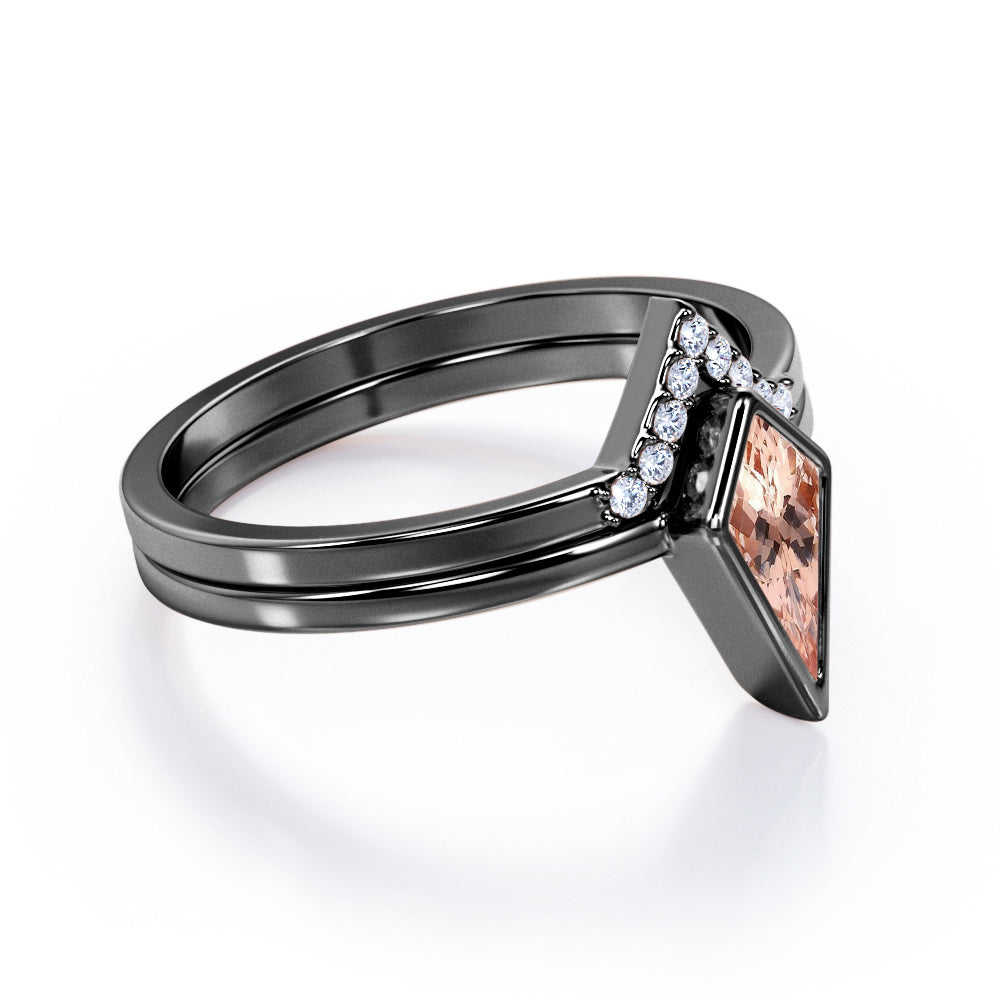 Bezel and tiara chevron 1.15 carat Kite shaped Morganite and diamond vintage Bridal set for women in White gold