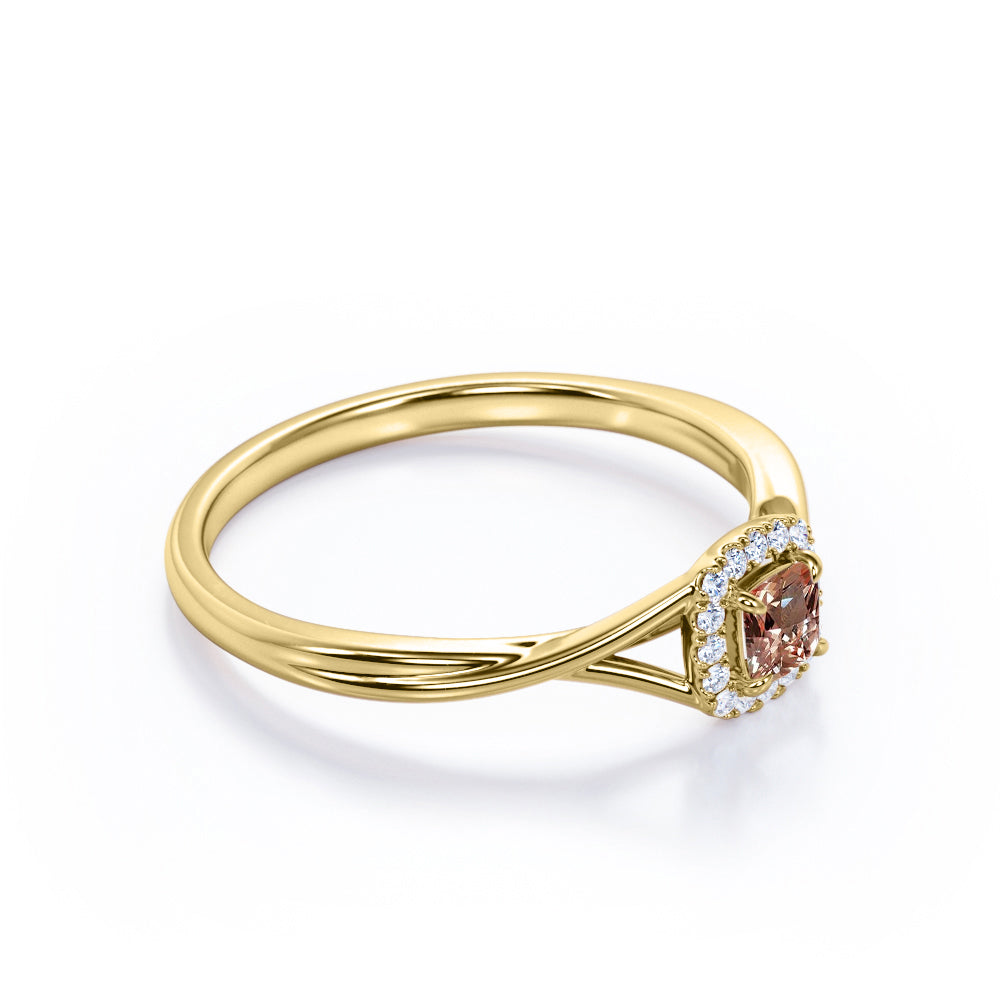 Art Deco Twisted Shank 0.65 carat Cushion cut Peach Morganite and diamond halo engagement ring in Rose gold