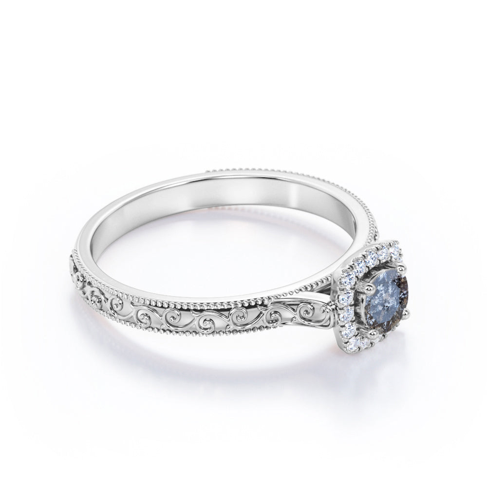 Victorian halo 0.65 carat Round cut Salt and pepper diamond and White diamond anniversary ring for her in yellow gold