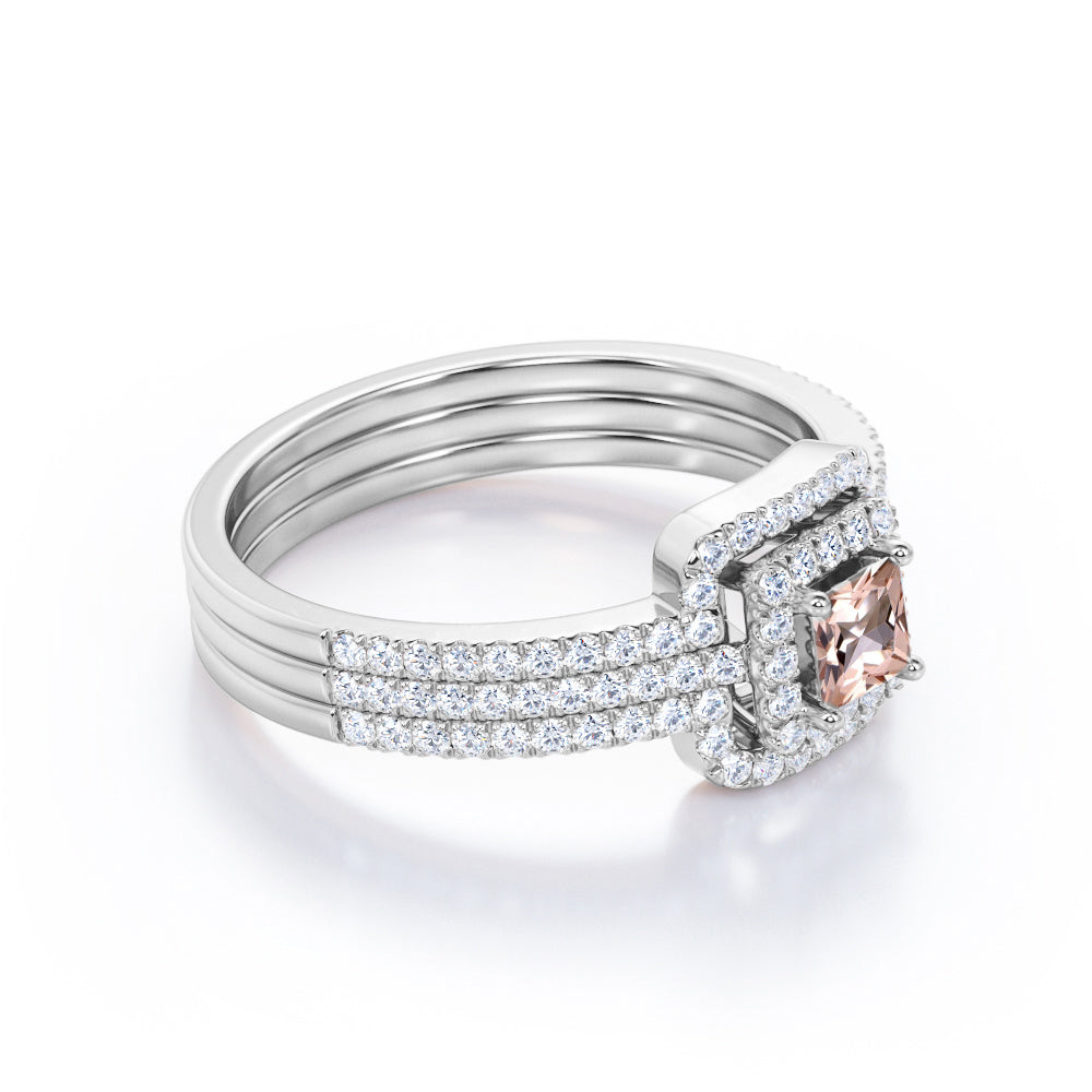 Authentic Antique 1.5 carat Princess cut Peach Pink Morganite and diamond trio wedding ring set for women in Rose gold