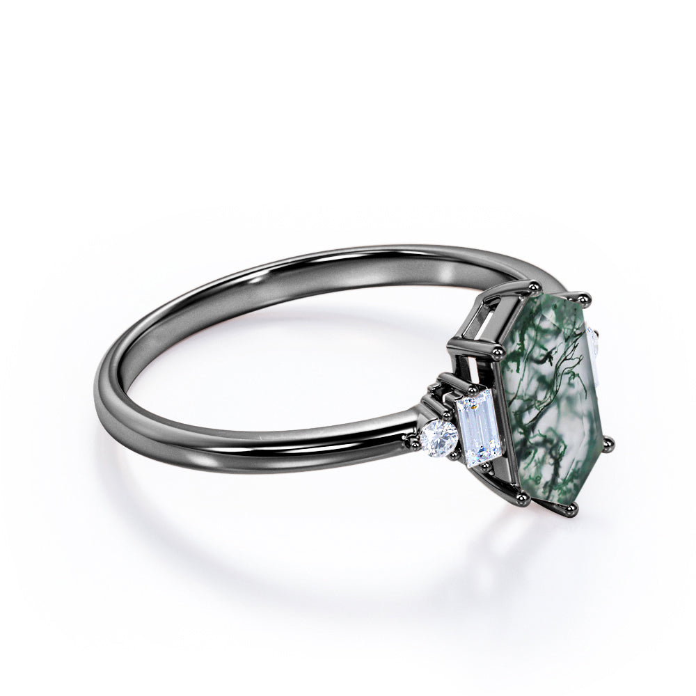 Eccentric 5 stones 1.1 carat Hexagon shaped Moss Green Agate and diamond anniversary ring in White gold