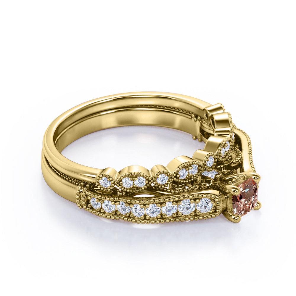 Milgrain Bead Scrollwork 0.75 carat Round cut Peach Morganite and diamond cathedral style wedding ring set in Rose gold