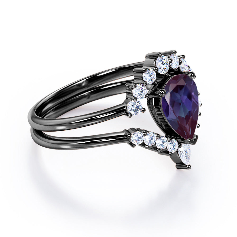 Elegant Vintage inspired 1.25 carat Pear shaped Lab made Alexandrite and diamond bridal set for women in Black gold