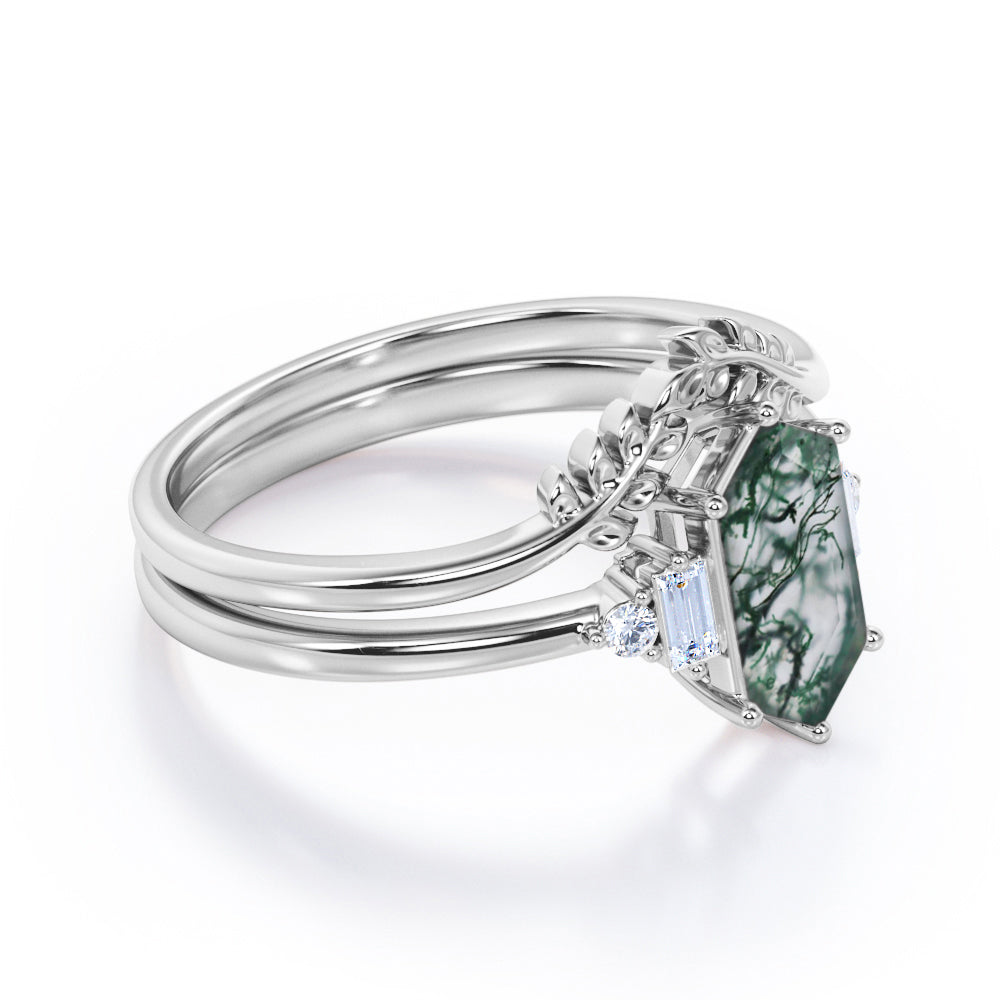 Leaf inspired Chevron 1.1 carat Hexagon shaped Moss Green Agate and diamond wedding ring set in Rose gold