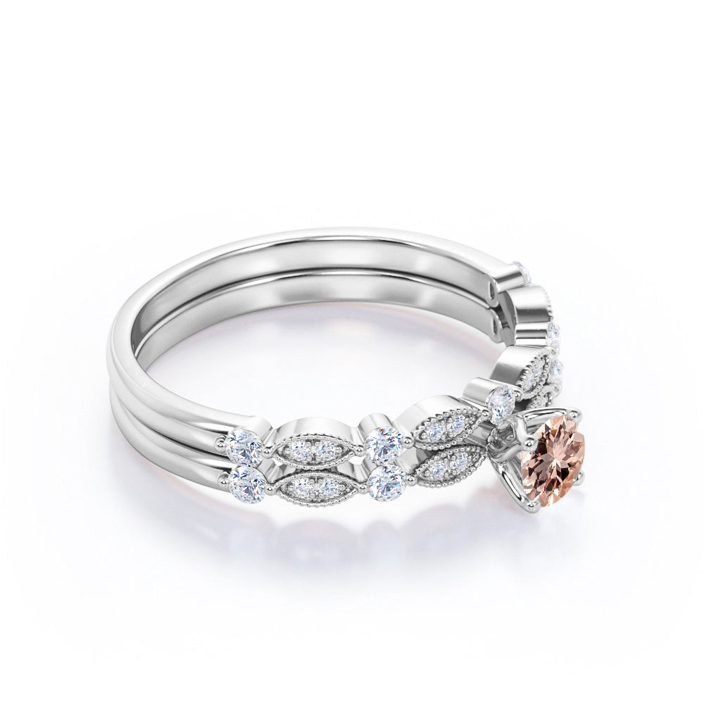 Vintage Antique Design 0.8 carat Round cut Pink Morganite and diamond bridal set for women in Yellow gold