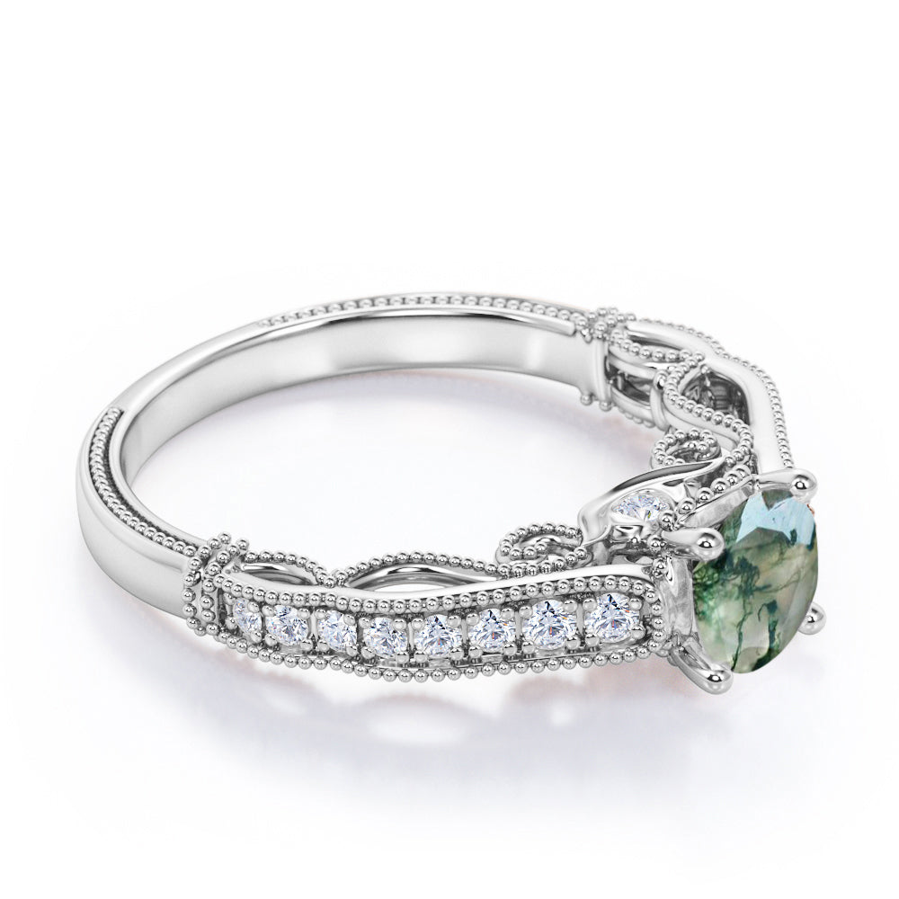 Victorian inspired filigree 1.25 carat Round cut Moss Green Agate and diamond milgrain engagement ring in Black gold