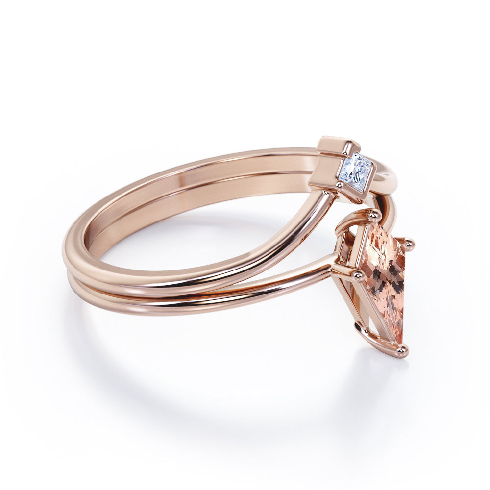 Double Layered 1 carat Kite shaped Morganite and diamond pointed chevron wedding ring set in Black gold