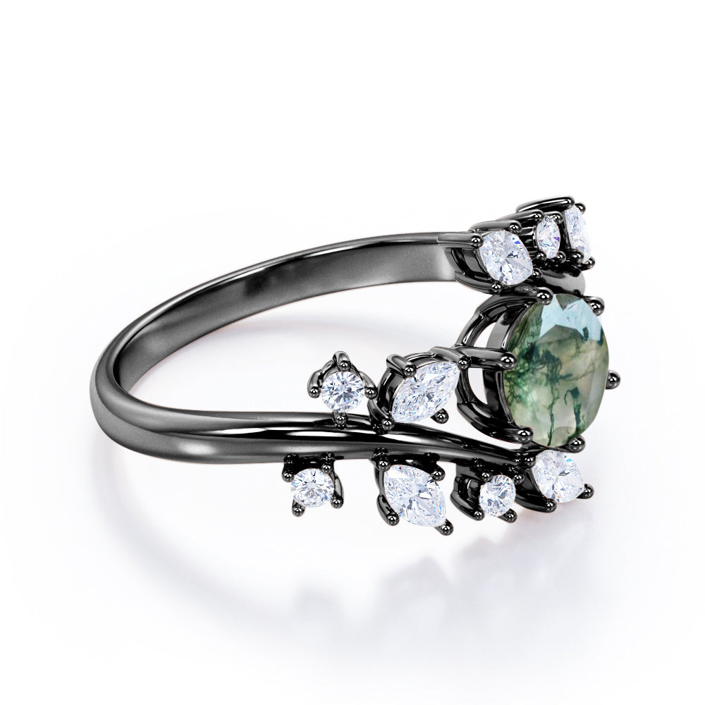 Floral Branch style 0.75 carat Round cut Moss Green Agate and diamond open style engagement ring in White gold