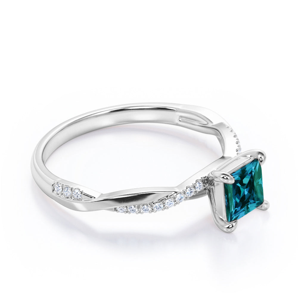 Infinity twist 1.2 carat Princess cut Synthetic Alexandrite and diamond contemporary engagement ring in Rose gold