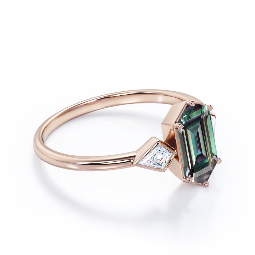 Trinity Bezels 1.1 carat Hexagon shaped Alexandrite and diamond engagement ring in Rose gold