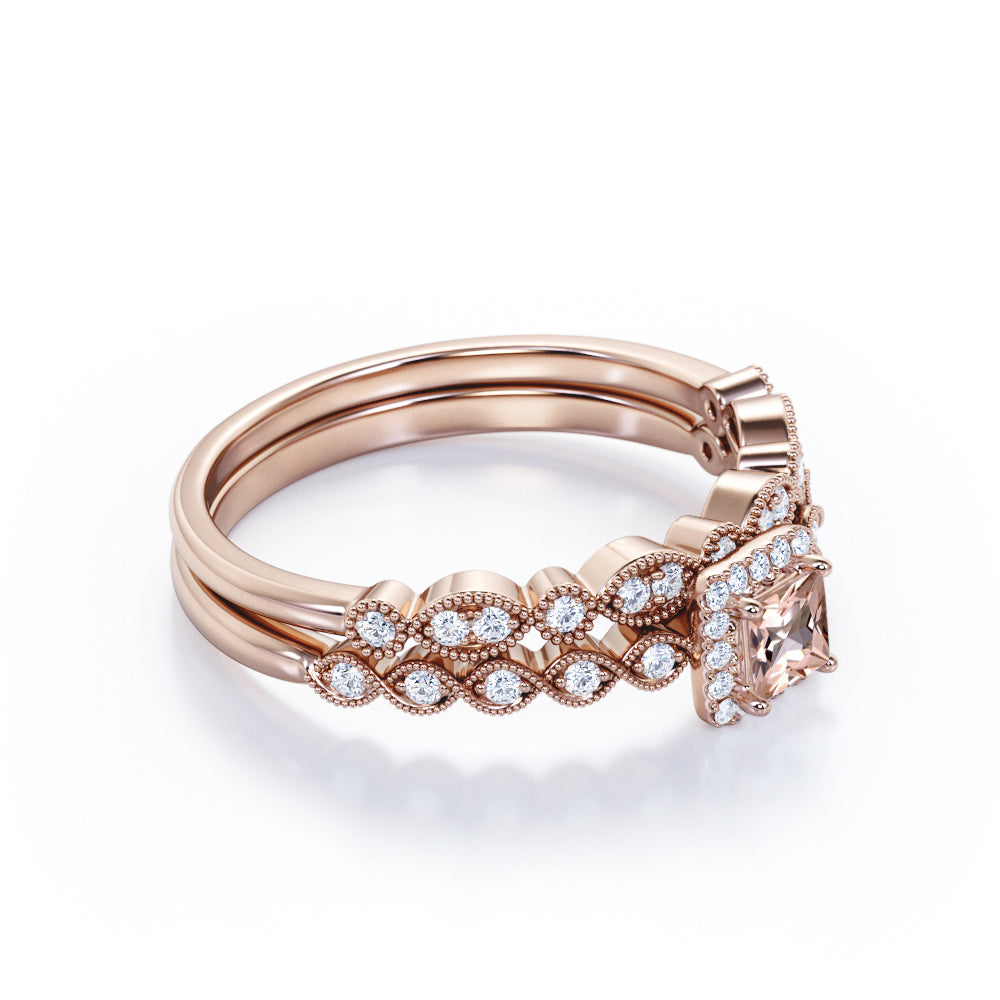 Vintage scalloped 1.25 carat Princess cut Peach Morganite and diamond antique bridal set for women in yellow gold