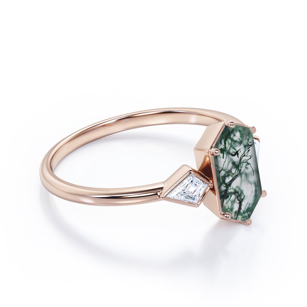 Antique Trinity 1.2 carat Hexagon shaped Moss Green Agate and Kite diamonds engagement ring in White gold
