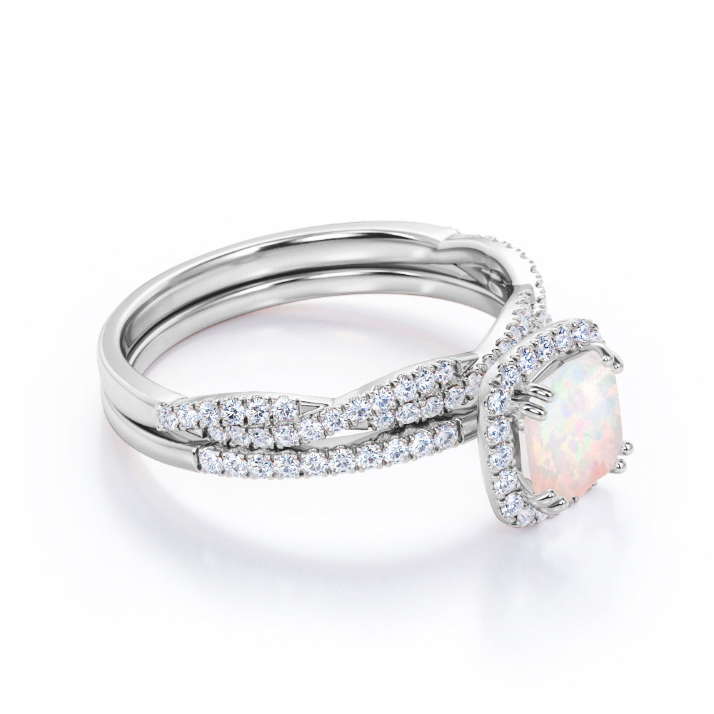Vintage 1.6 carat Cushion cut Fire Opal and diamond Twisted infinity Wedding ring set in White gold