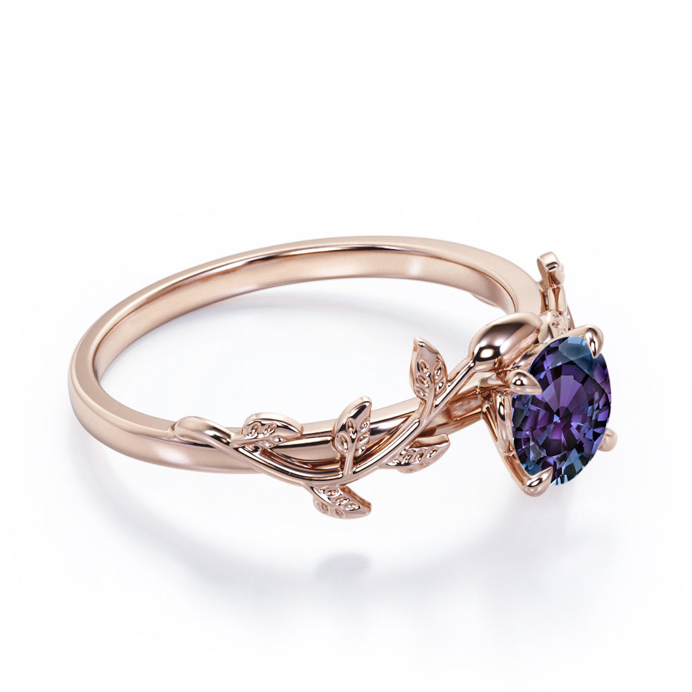 Floral Vine 1 carat Round cut Alexandrite Solitaire engagement ring for women in Rose gold