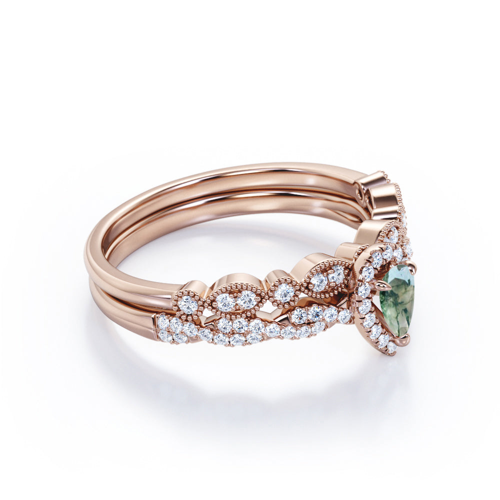 Infinity Halo 1.1 carat Pear cut Moss Green Agate and diamond bridal set for her in White gold