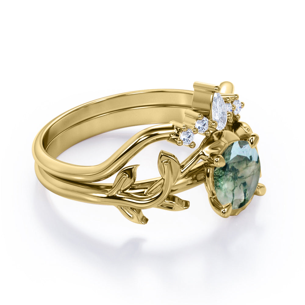 Earthy Tiara style 1.2 carat Round cut Moss Green Agate and diamond nature inspired wedding ring set in Rose gold