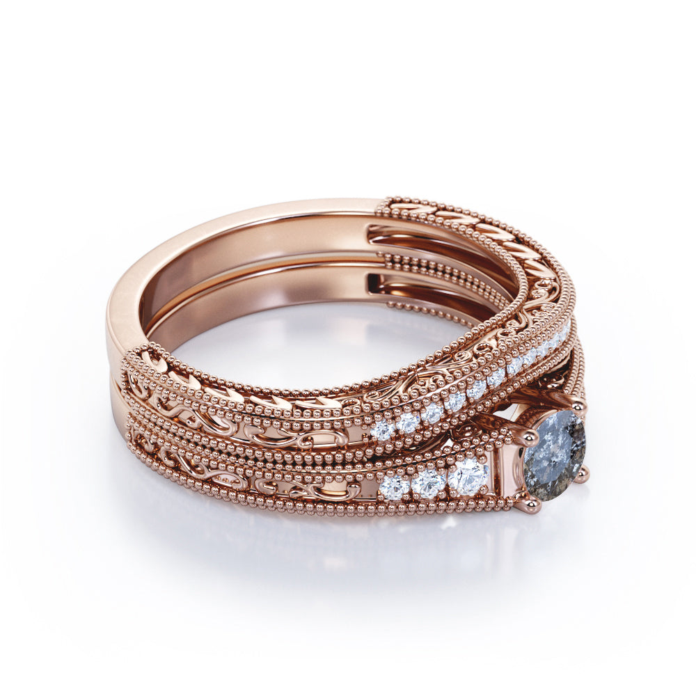 Contoured filigree 0.8 carat Round cut Salt and pepper diamond and White diamond vintage chevron wedding ring set in white gold