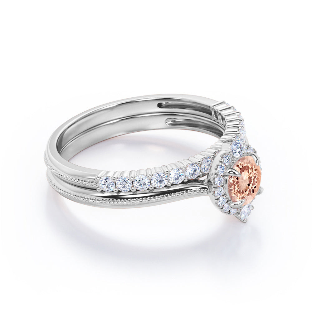 Distinctive halo 1.45 carat Round cut Pink Morganite and diamond Milgrain border engagement ring and bar set wedding band - Bridal wedding set