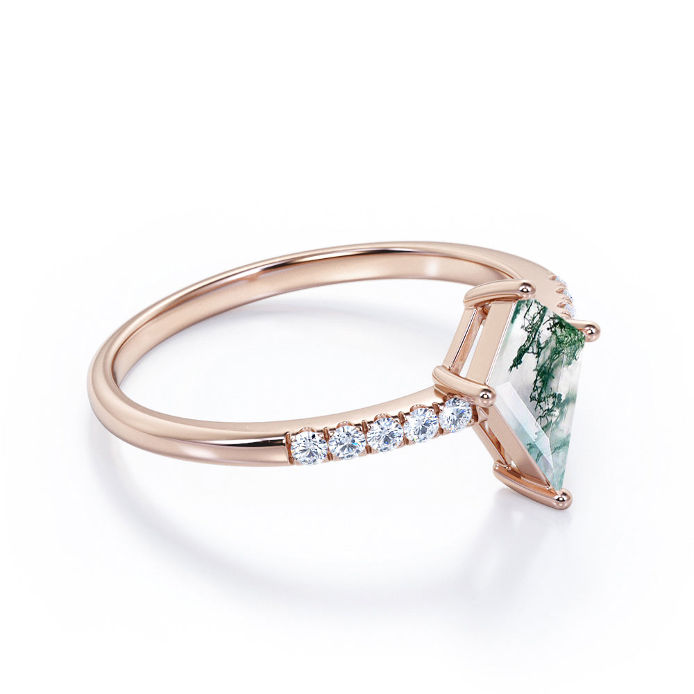 Classic Pave 1.2 carat Kite shaped Moss Green Agate and diamond 4 prong engagement ring in White gold