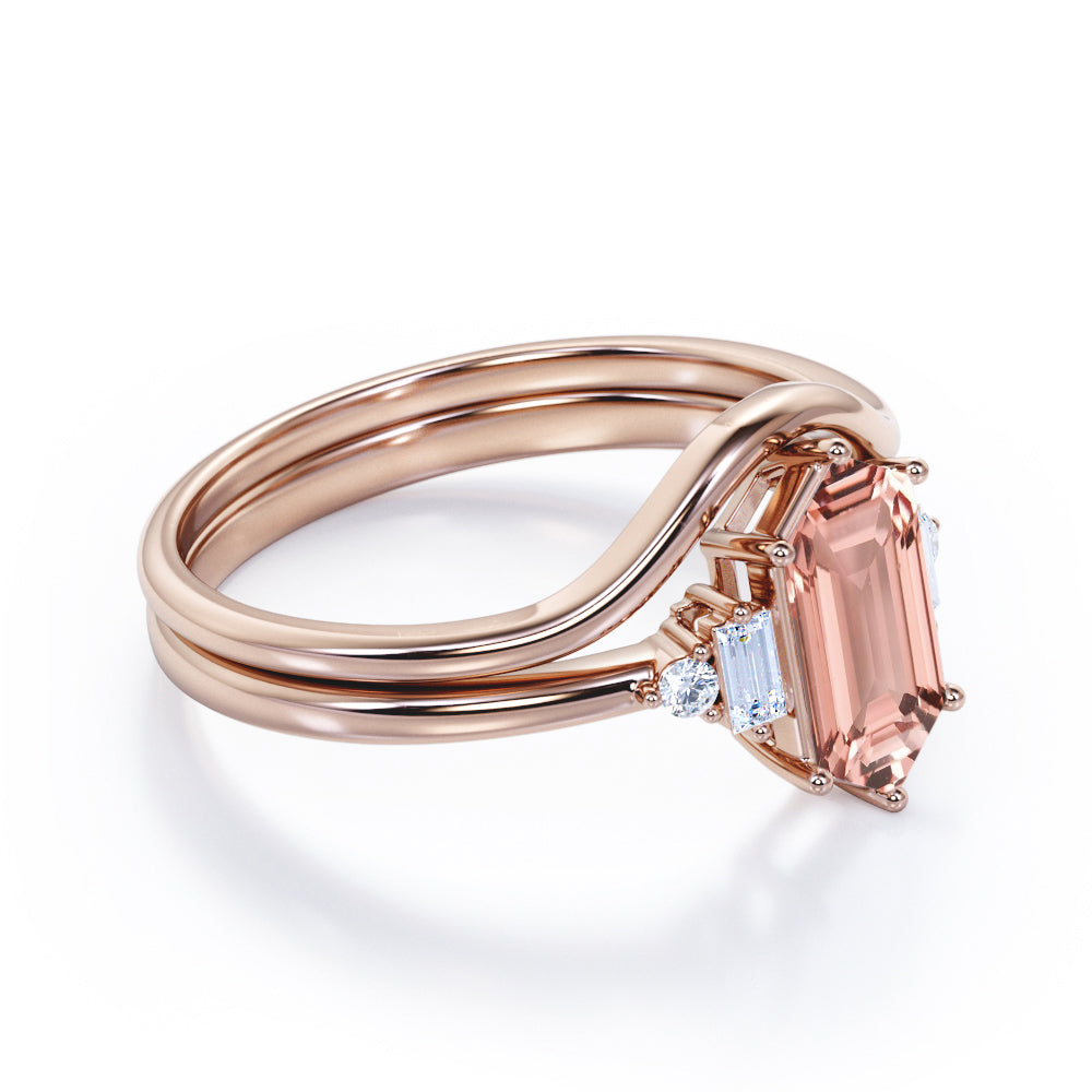 Simple Contoured 1.1 carat Hexagon cut Morganite and diamond 6 prong engagement ring in White gold