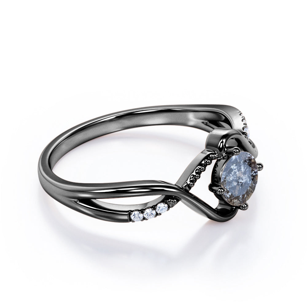 Infinity Milgrain 0.6 carat Round cut Salt and pepper diamond twisted shank engagement ring in White gold