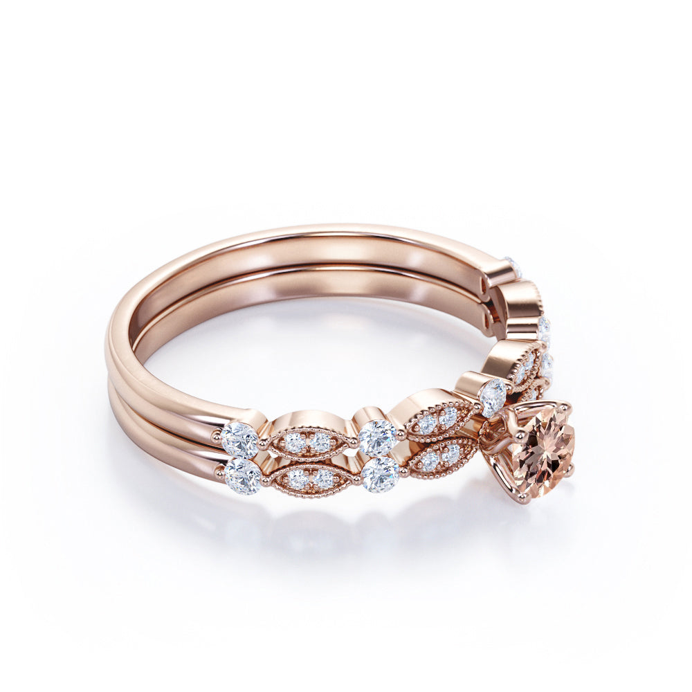 Vintage Antique Design 0.8 carat Round cut Pink Morganite and diamond bridal set for women in Yellow gold
