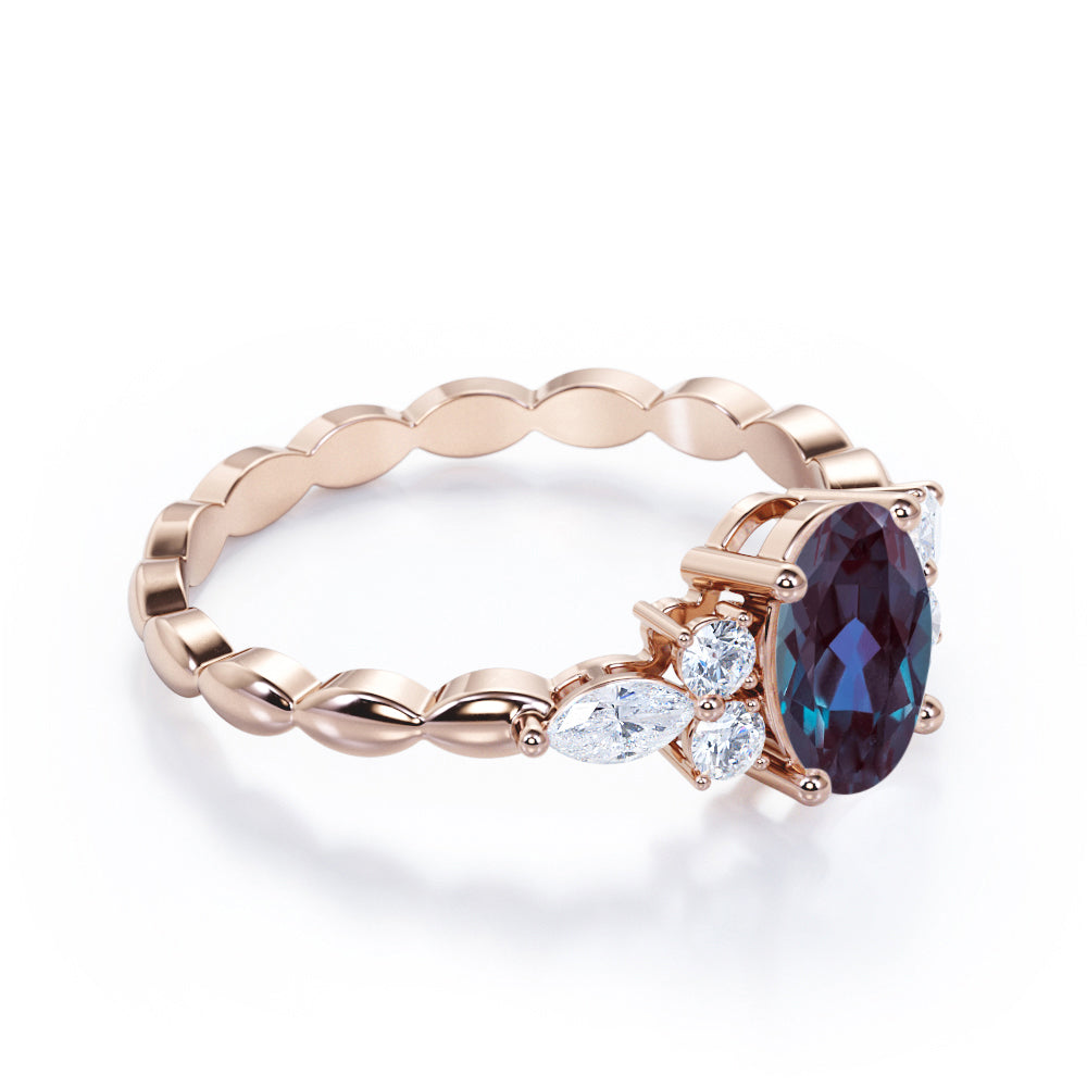 Scalloped bands 1.1 carat Oval cut Lab made Alexandrite and diamond prong style setting engagement ring in White gold