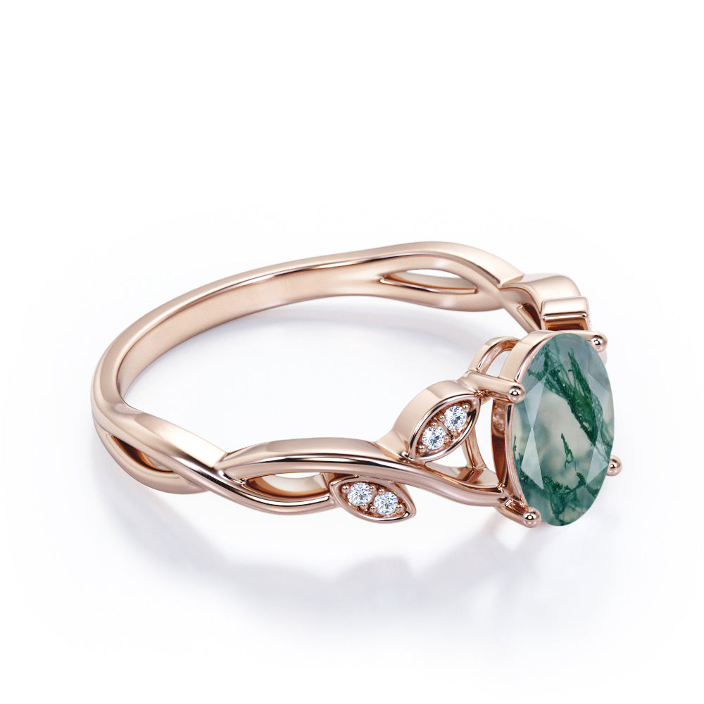 Floral Infinity 1.15 carat Oval cut Moss Green Agate and diamond vine and leaf engagement ring in White gold