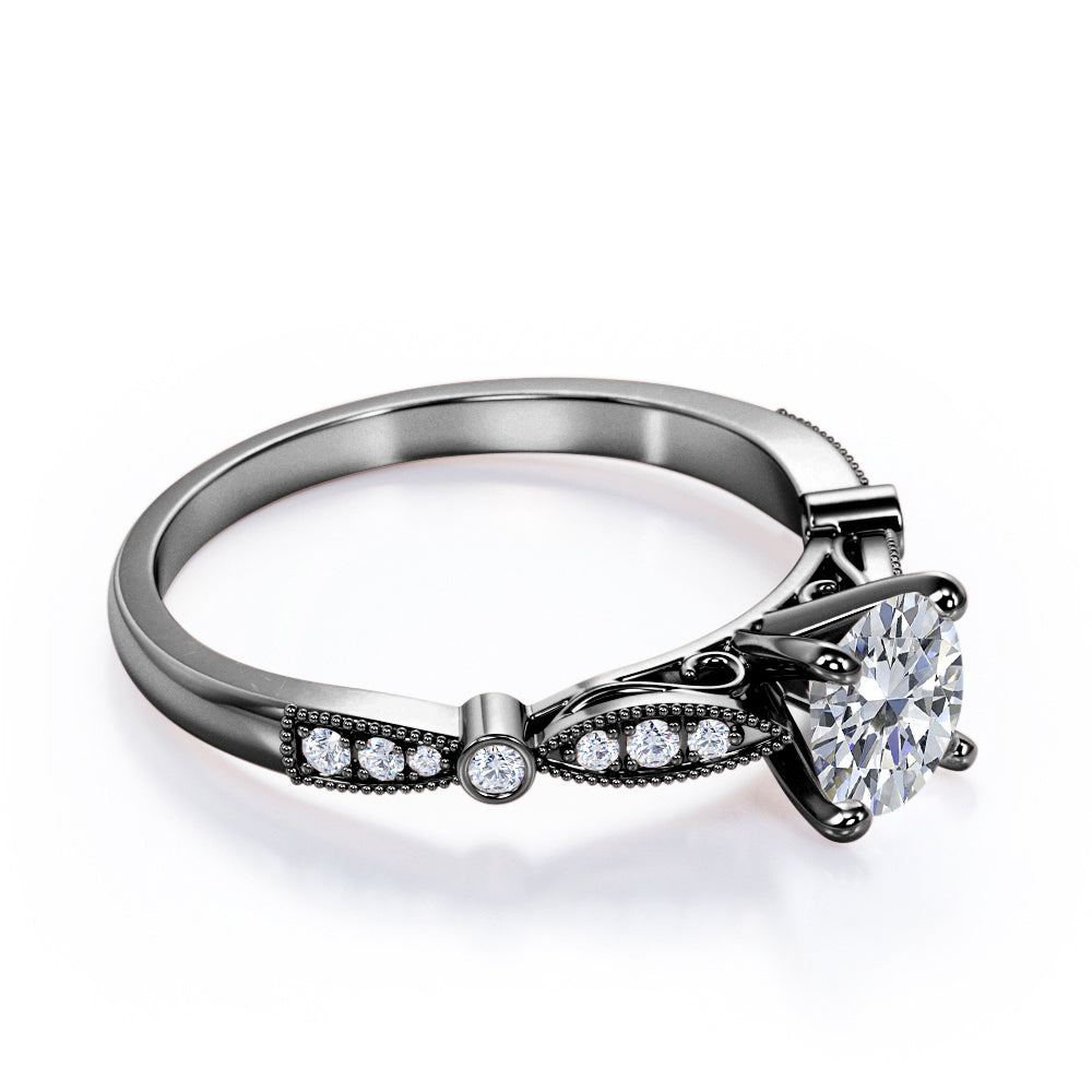 Vintage cathedral 1.25 carat Round cut Moissanite and diamond 4 prong engagement ring in Rose gold