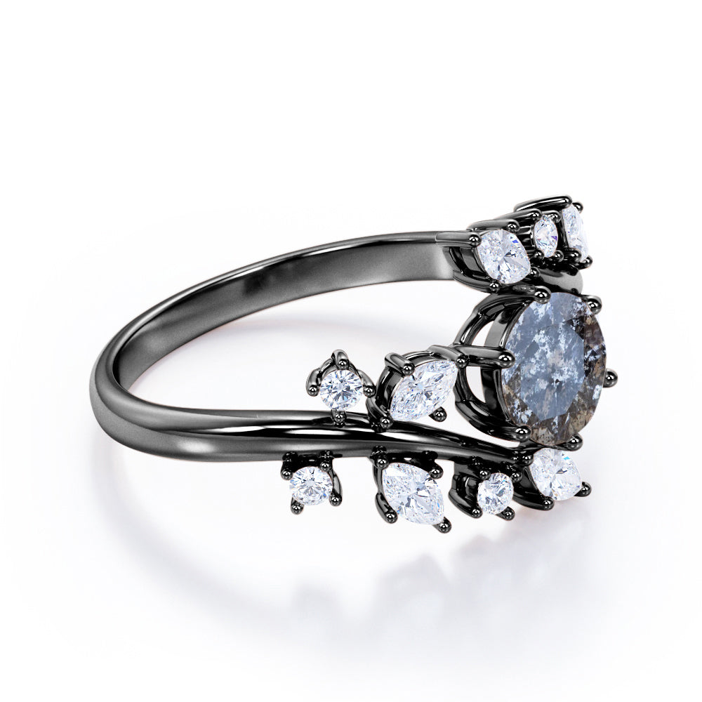 Nature inspired 0.75 carat Round cut Salt and pepper diamond and White diamond tension set engagement ring in white gold