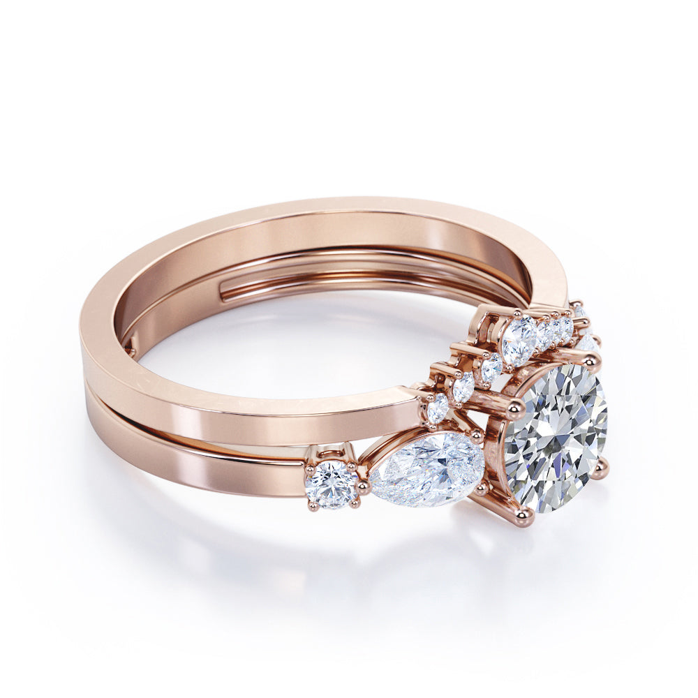 Vintage Tiara inspired 1.2 carat Round cut Moissanite and diamond wedding ring set in white gold