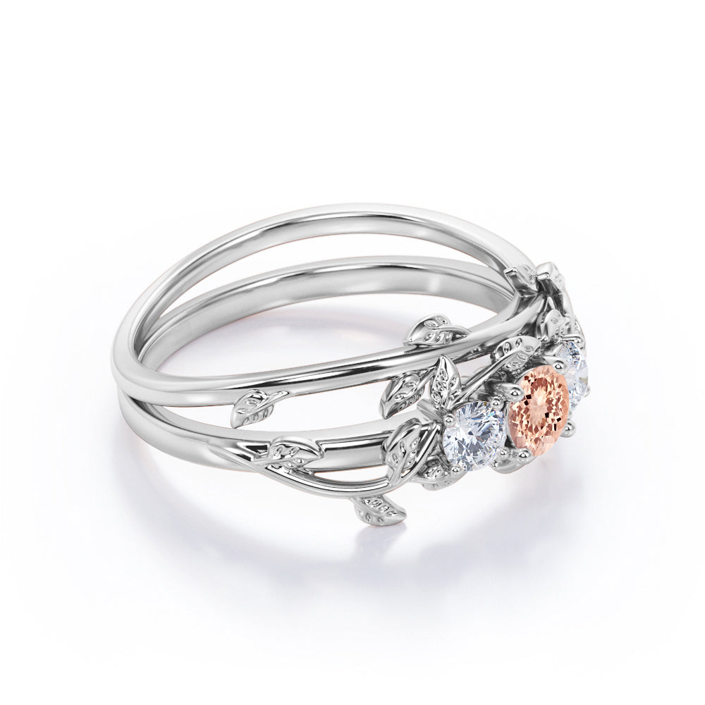 Antique Nature inspired 1.1 carat Round cut Pink Morganite and 2 stone diamond vine wedding ring set in White gold