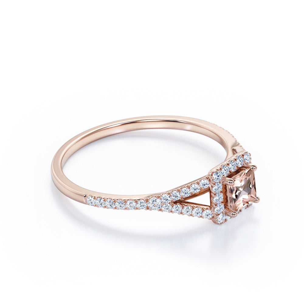 Pave shank 1 carat Princess cut Morganite and diamond eternity halo engagement ring in White gold