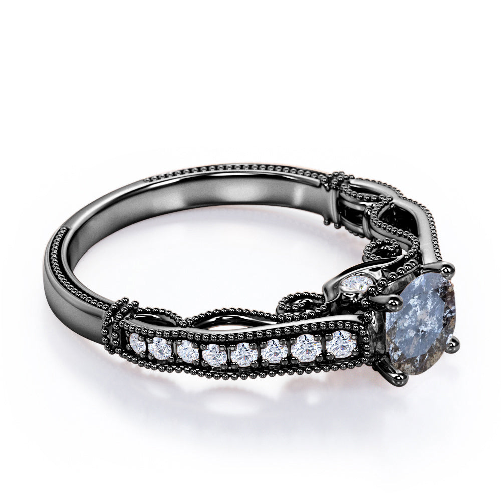 Eccentric filigree 0.75 carat Round cut Salt and pepper diamond and White diamond channel setting engagement ring for women in Rose gold