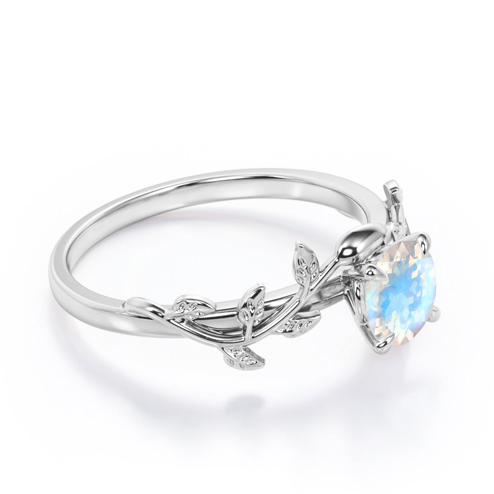 Classic Vine and lead 1 carat Round cut Brilliant Rainbow Moonstone earthy engagement ring in Rose gold