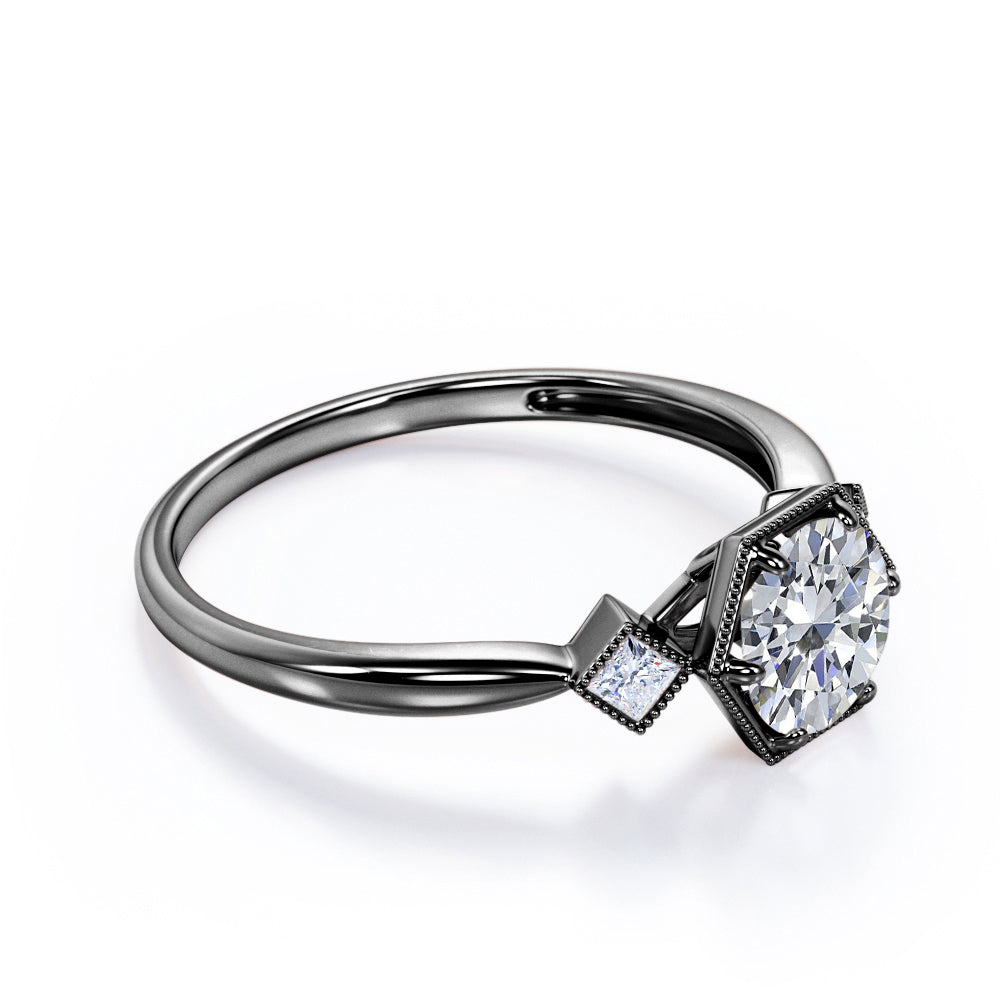 Trilogy Milgrain 1 carat Round cut Moissanite and diamonds tapered shank engagement ring in White gold