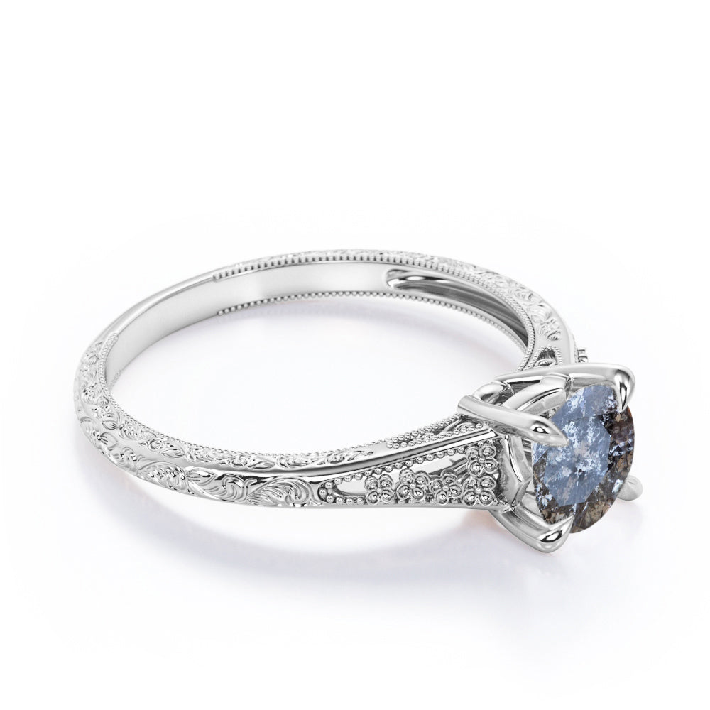 Floral Split Shank 0.5 carat Round cut Salt and pepper diamond earthy engagement ring in Rose gold