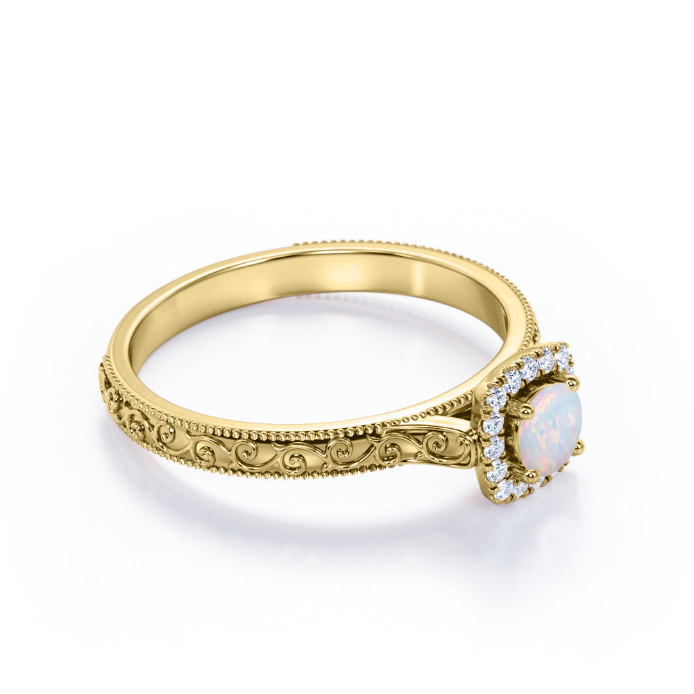 Vintage Halo 0.65 carat Round cut Australian boulder opal and diamond edwardian art deco engagement ring in White gold