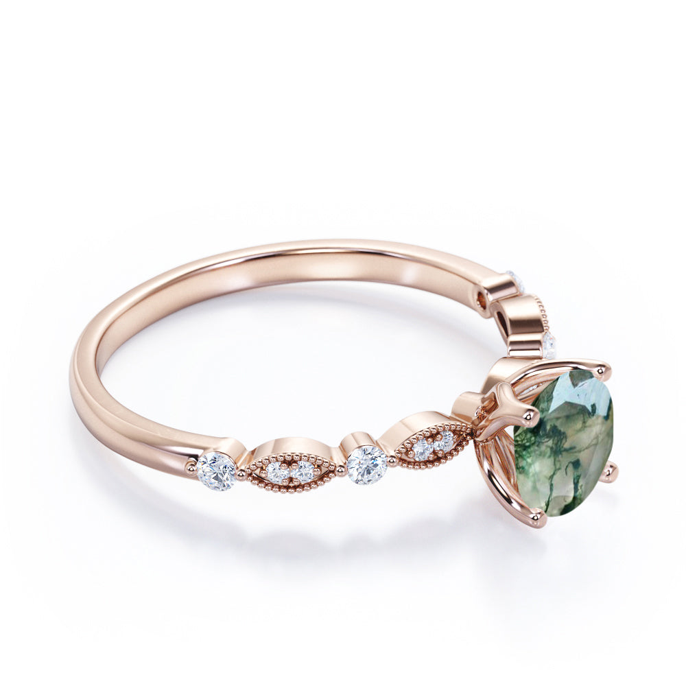 Classic art deco 1.1 carat Round cut Moss Green Agate and diamond engagement ring in White gold
