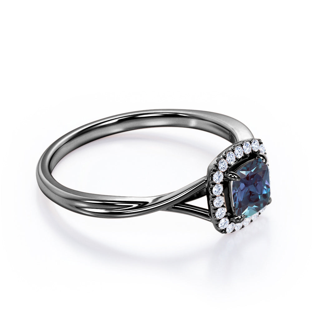 Eccentric Split Shank 1.25 carat Cushion Cut Lab made Alexandrite and diamond vintage inspired engagement ring in Rose gold